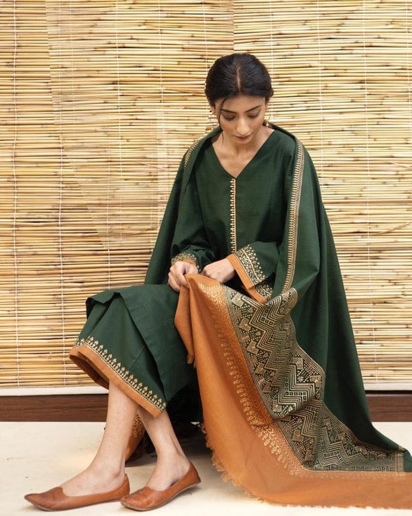 3PC DHANAK EMBORIDED SUITS WITH PRINTED PASHMINA WOOL SHAWL