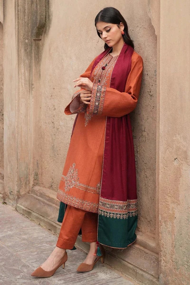 3PC DHANAK EMBORIDED SUITS WITH PRINTED PASHMINA WOOL SHAWL