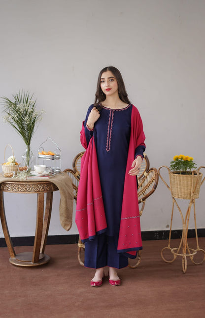 3PC DHANAK EMBORIDED SUITS WITH DHANAK EMB SHAWL
