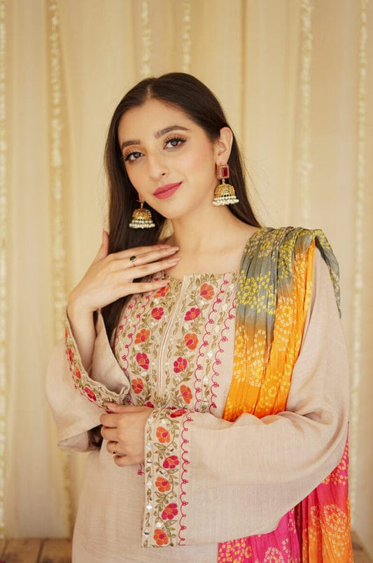 3PC DHANAK EMBORIDED SUITS WITH PRINTED PASHMINA WOOL SHAWL