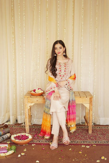 3PC DHANAK EMBORIDED SUITS WITH PRINTED PASHMINA WOOL SHAWL