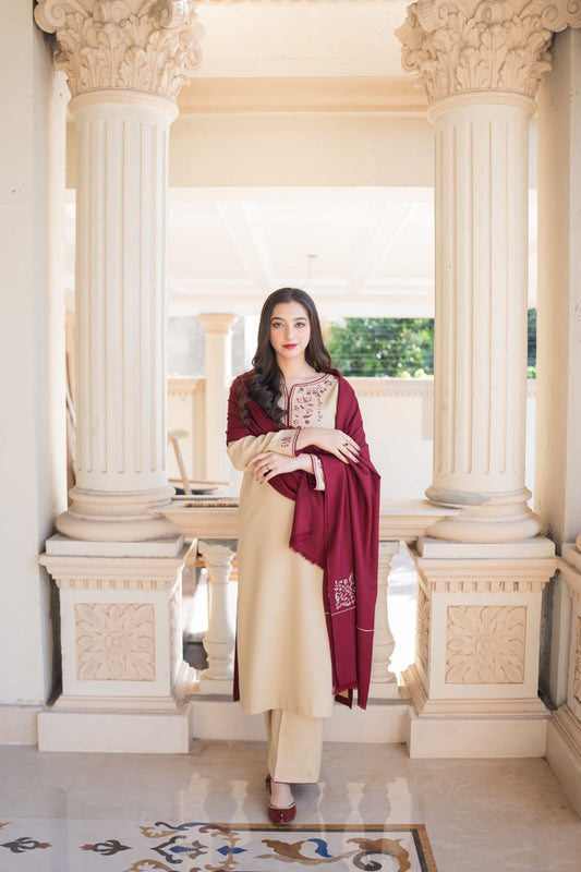 3PC DHANAK EMBORIDED SUITS WITH PRINTED PASHMINA WOOL SHAWL