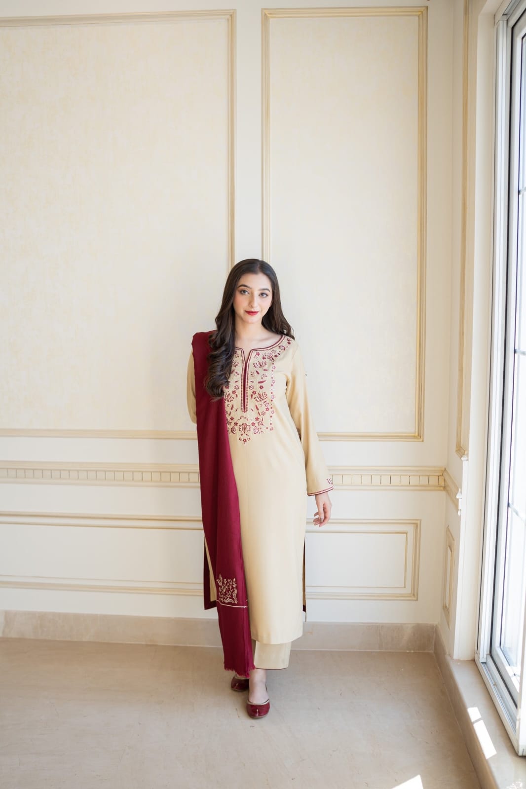 3PC DHANAK EMBORIDED SUITS WITH PRINTED PASHMINA WOOL SHAWL