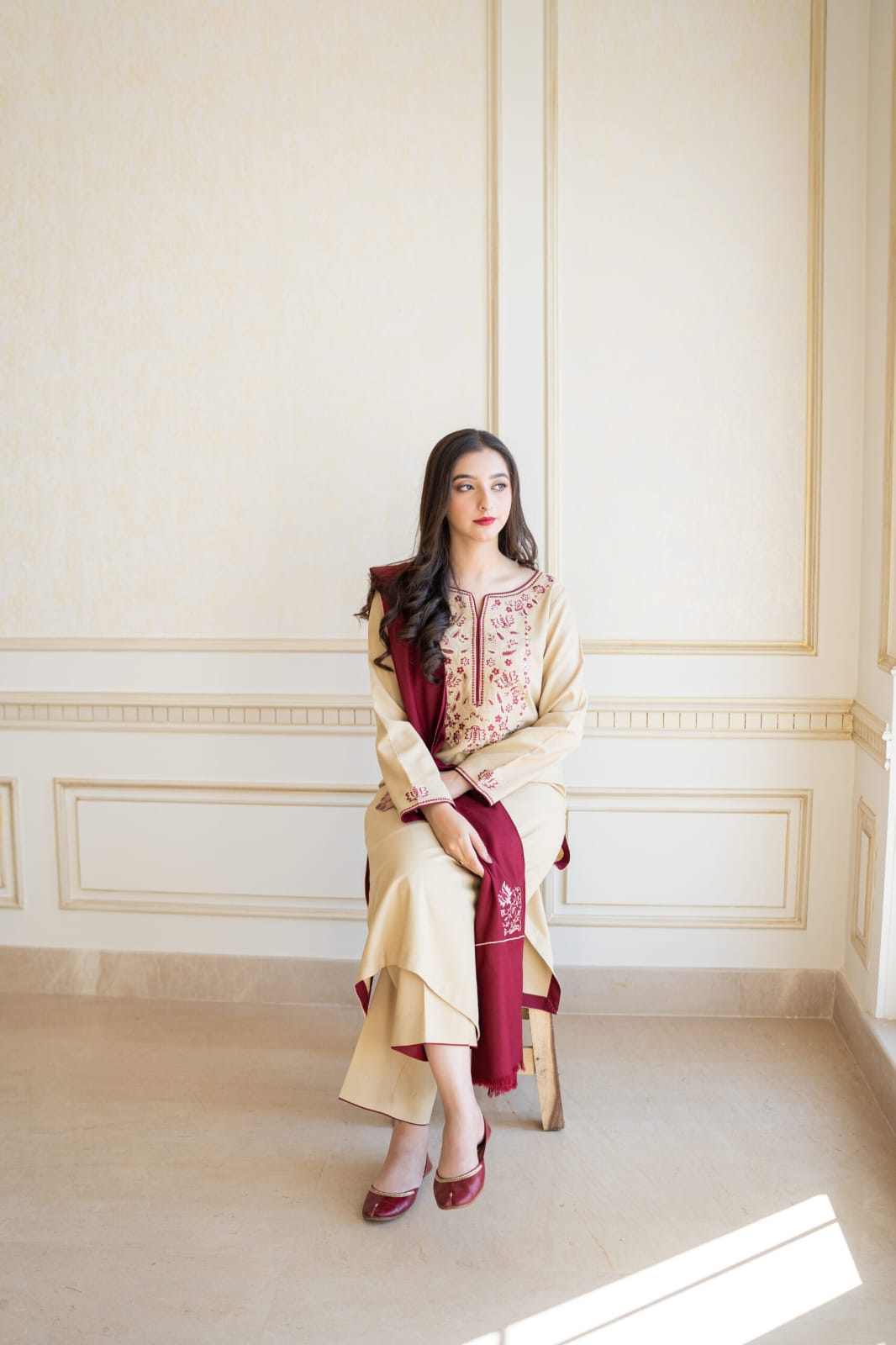 3PC DHANAK EMBORIDED SUITS WITH PRINTED PASHMINA WOOL SHAWL