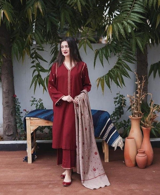 3PC DHANAK EMBORIDED SUITS WITH DHANAK EMB SHAWL