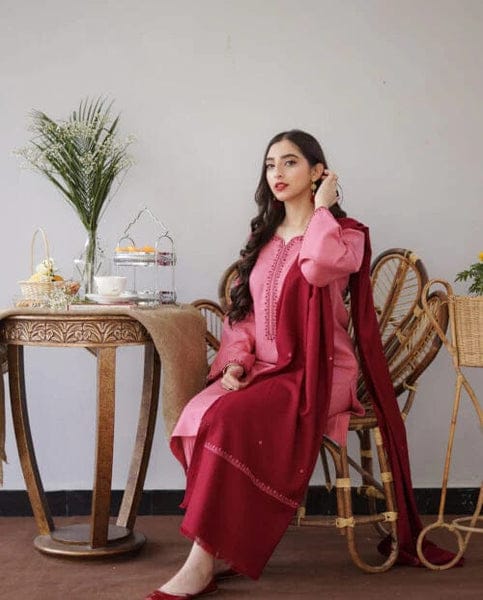 3PC DHANAK EMBORIDED SUITS WITH DHANAM EMB SHAWL