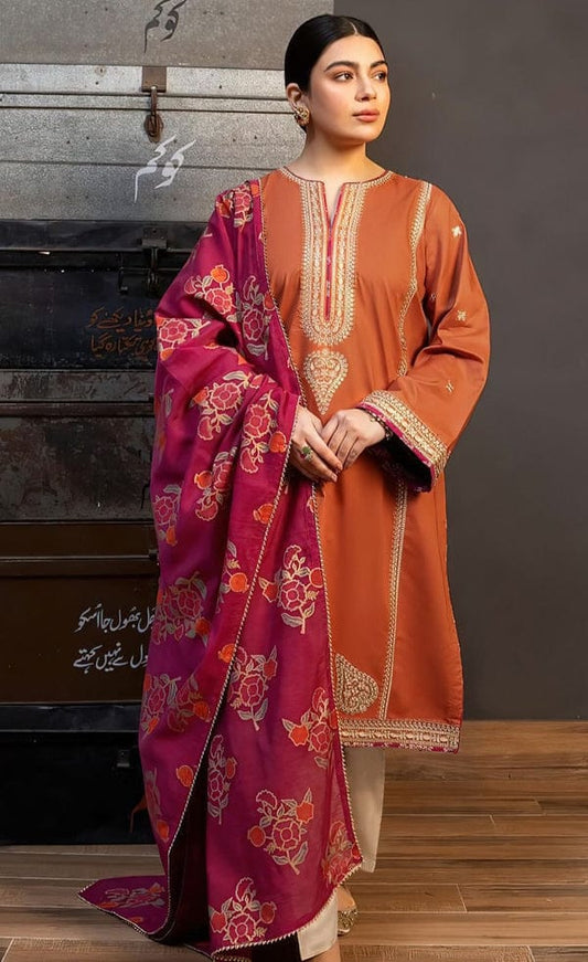 3PC DHANAK EMBORIDED SUITS WITH PRINTED PASHMINA WOOL SHAWL