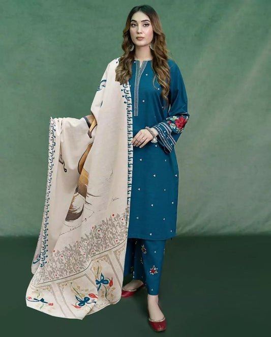3PC DHANAK EMBORIDED SUITS WITH PRINTED PASHMINA WOOL SHAWL